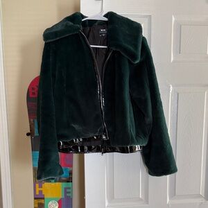 Maeve Anthropologie dark green fur jacket with faux leather trim